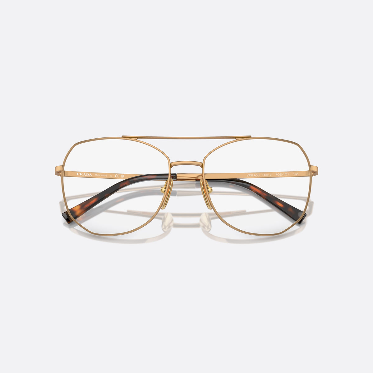 Prada PR A58V 7OE1O1 eyeglasses, gold pilot frame for women, double bridge with top bar, brand lettering on the temples, folded