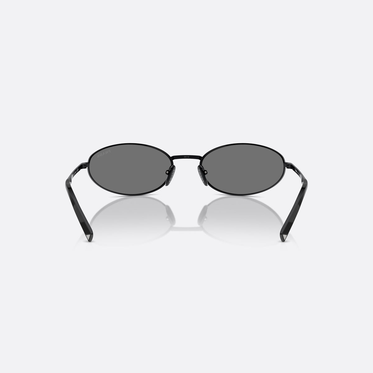 Prada PR A59S 1AB60G sunglasses, black oval frame for women, plain metal bridge, brand lettering on temple, back view