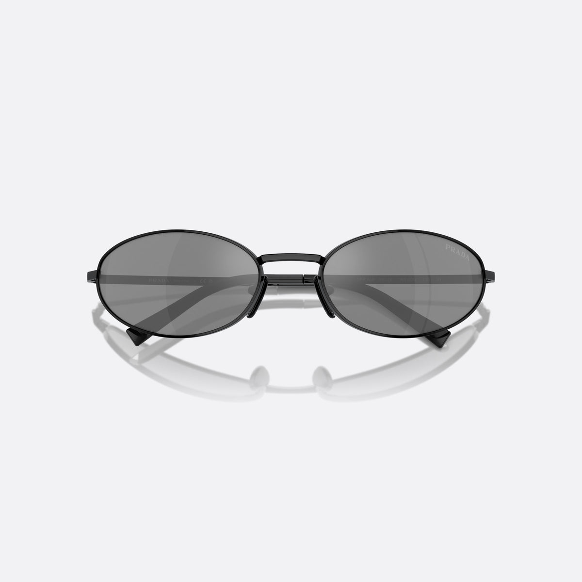 Prada PR A59S 1AB60G sunglasses, black oval frame for women, plain metal bridge, brand lettering on temple, folded