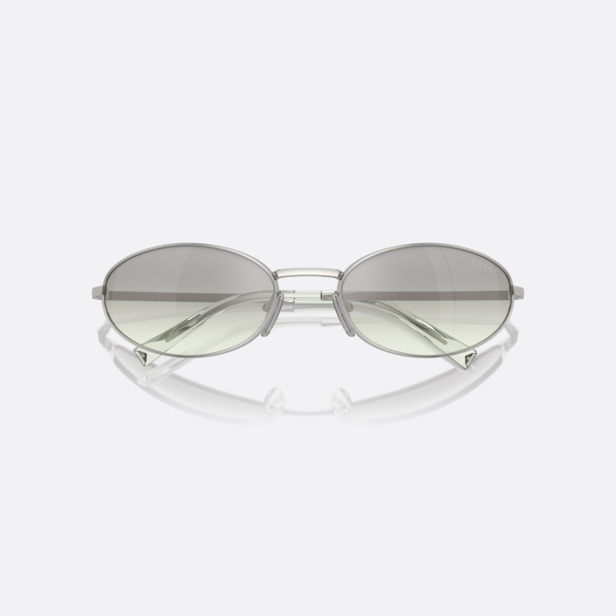 Prada PR A59S 1BC80G sunglasses, silver other frame for women, plain metal bridge, brand lettering on temples, folded