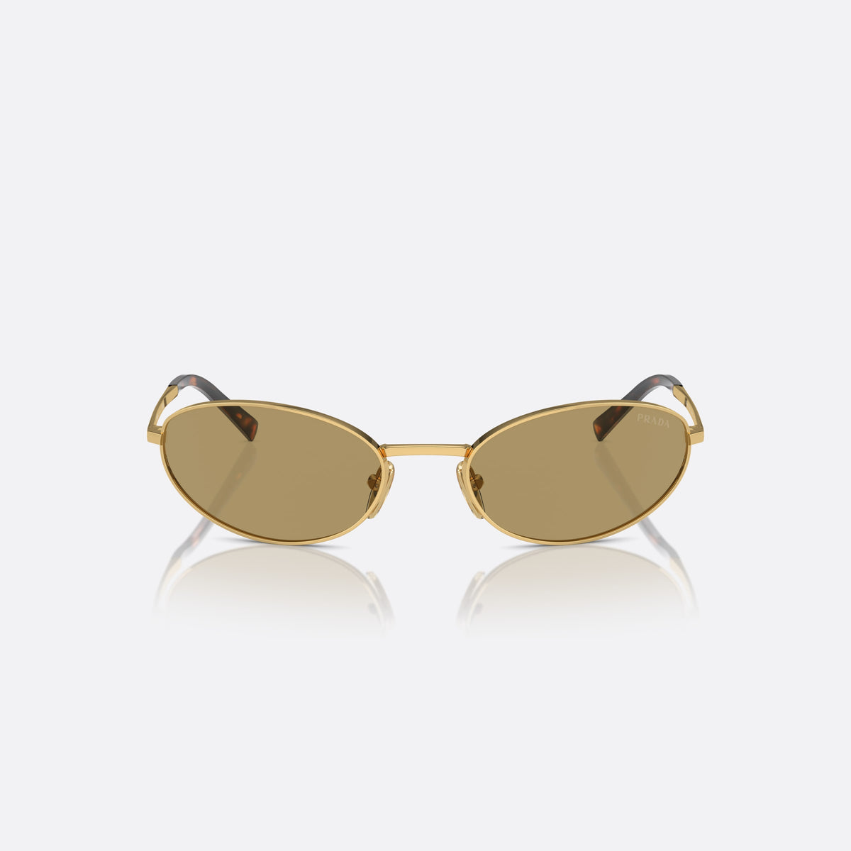 Prada PR A59S 5AK70G sunglasses, gold oval frame for women, plain metal bridge, brand lettering on temples, front view