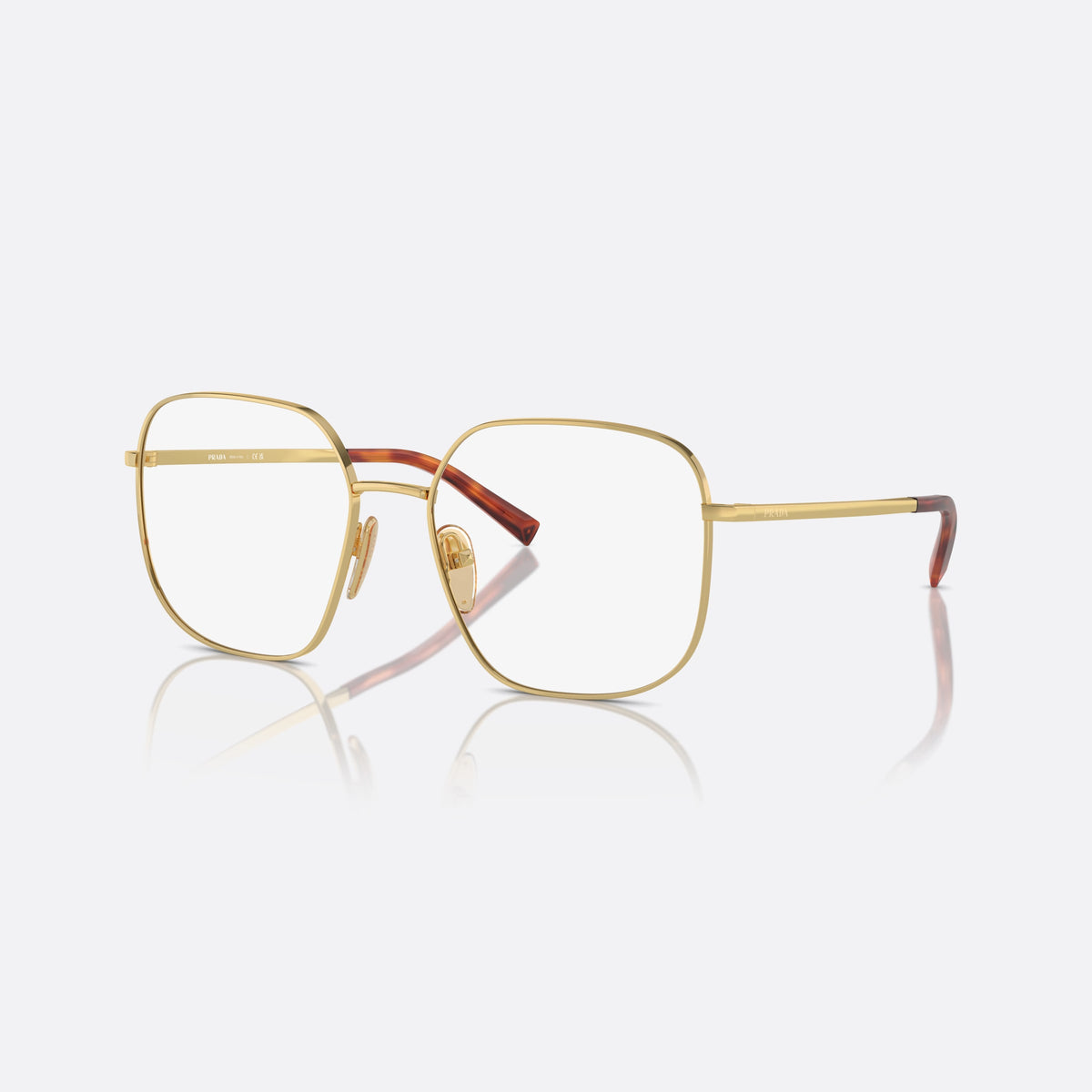 Rame ochelari de vedere Prada PR A59V 5AK1O1, geometrica auriu, pentru femei, punte tip șa cu bară metalică, literele brandului pe brațe