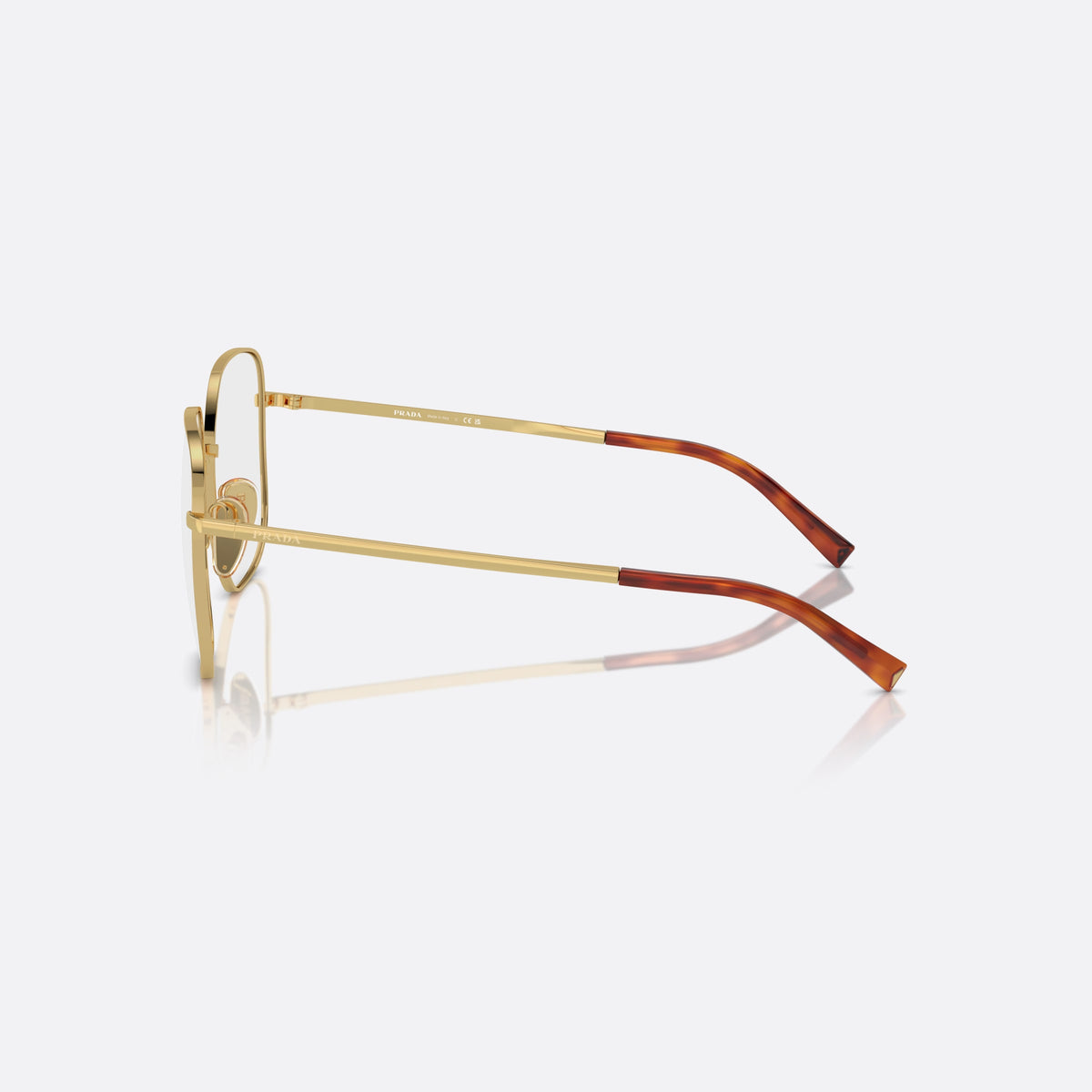 Prada PR A59V 5AK1O1 eyeglasses, gold geometric frame for women, saddle bridge with metal bar, brand lettering on the temples, side view