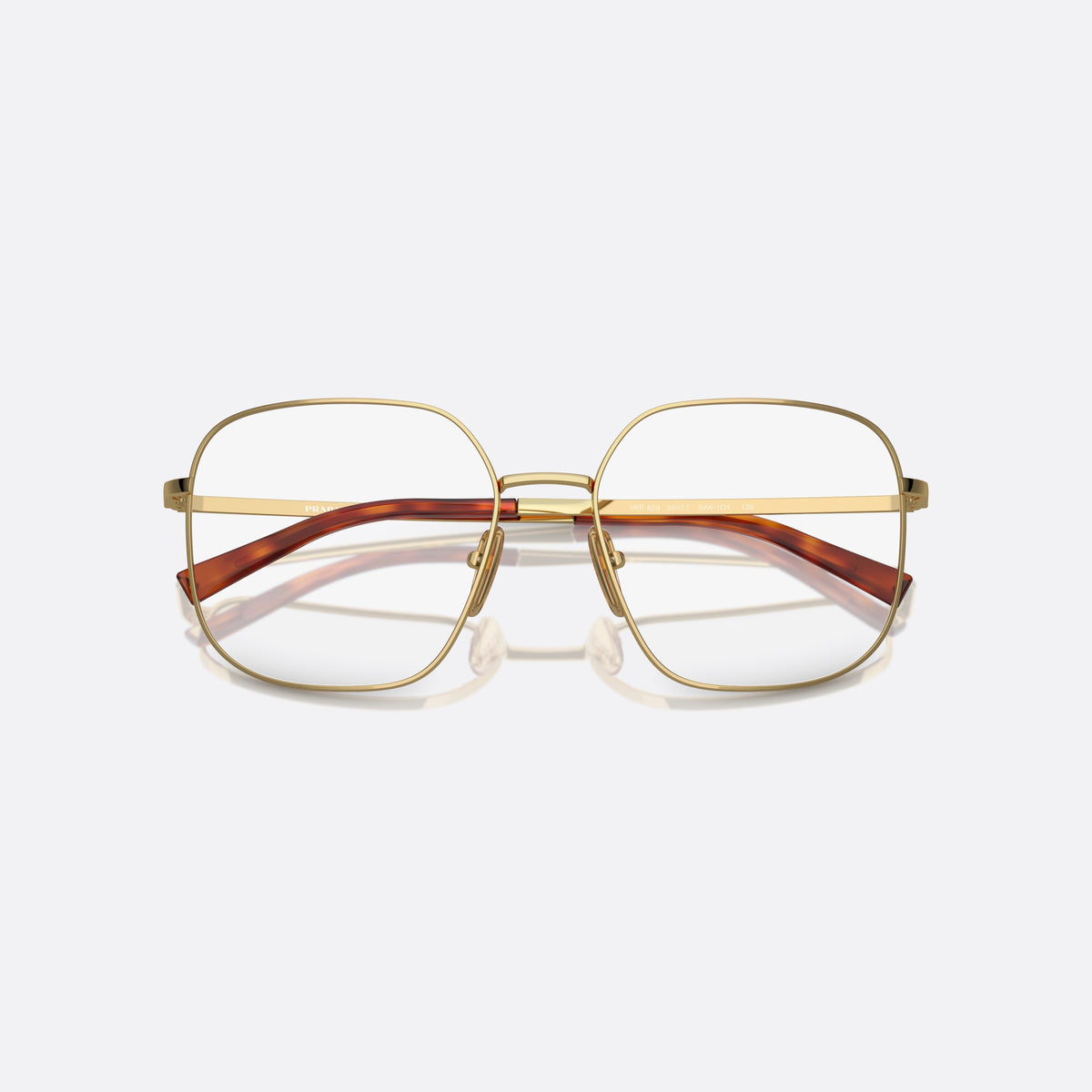 Prada PR A59V 5AK1O1 eyeglasses, gold geometric frame for women, saddle bridge with metal bar, brand lettering on the temples, folded