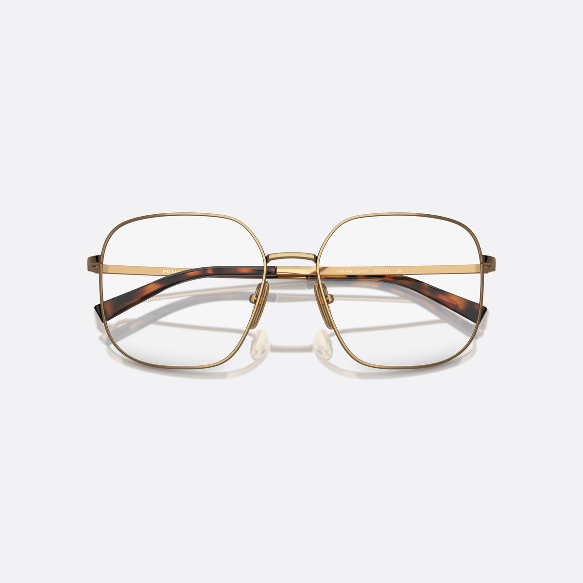 Rame ochelari de vedere Prada PR A59V 7OE1O1, geometrica maro, pentru femei, punte tip șa cu bară metalică, literele brandului pe brațe, cu brațele pliate