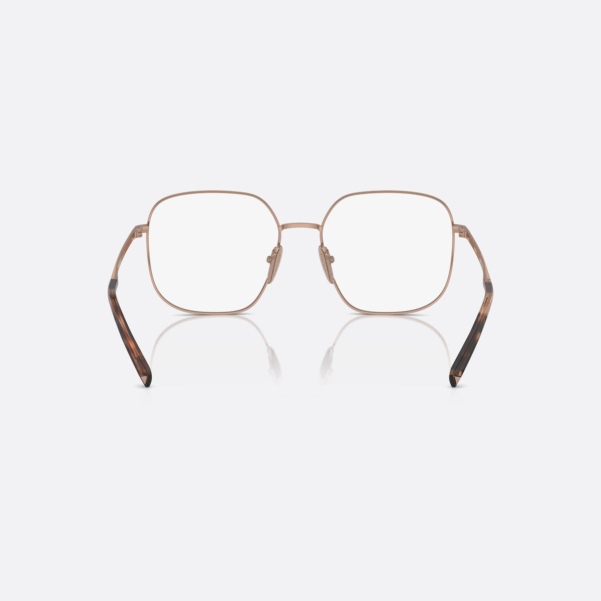 Rame ochelari de vedere Prada PR A59V ZVF1O1, geometrica auriu, pentru femei, punte tip șa cu bară metalică, literele brandului pe brațe, vedere din spate