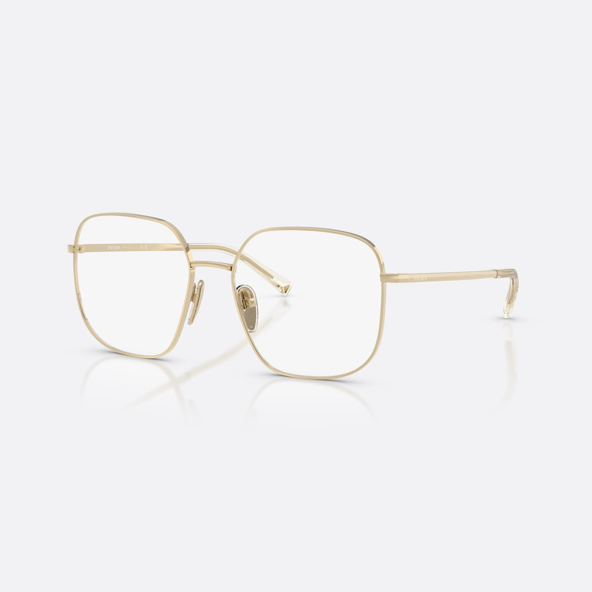 Rame ochelari de vedere Prada PR A59V ZVN1O1, patrati auriu, pentru femei, punte tip șa cu bară metalică, literele brandului pe brațe