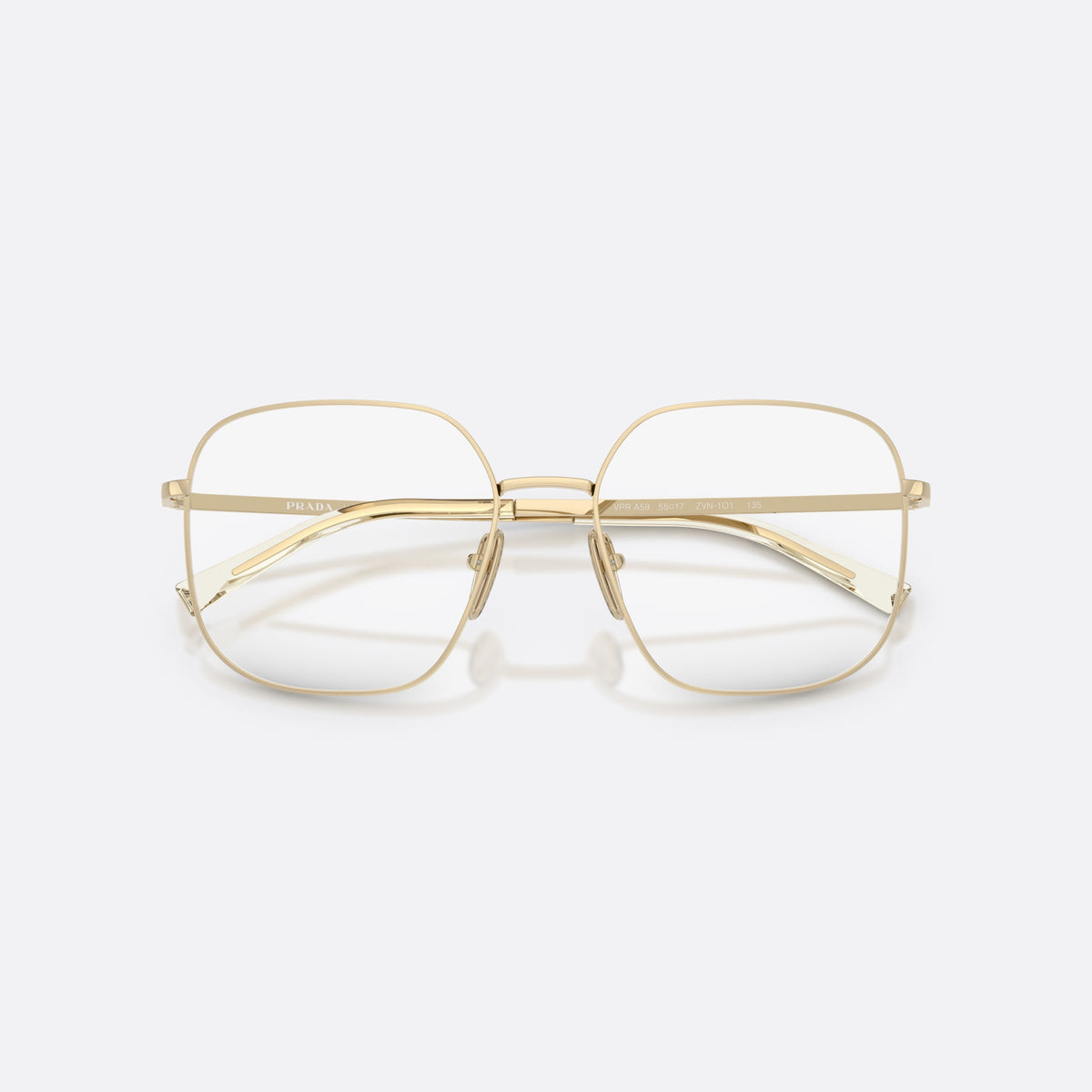 Rame ochelari de vedere Prada PR A59V ZVN1O1, patrati auriu, pentru femei, punte tip șa cu bară metalică, literele brandului pe brațe, cu brațele pliate