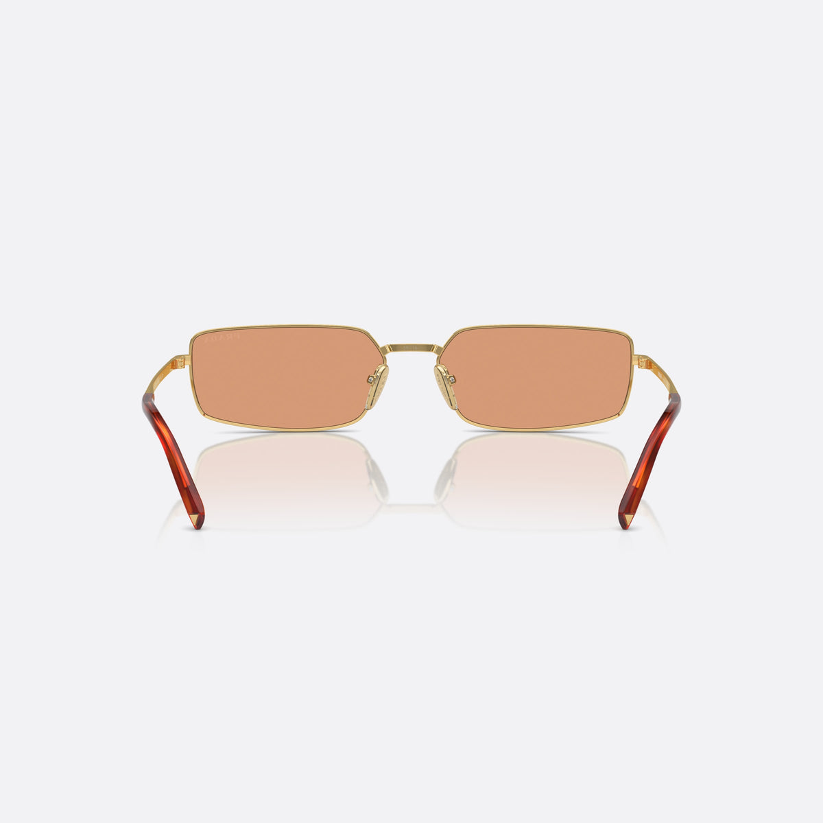 Prada PR A60S 5AK07V sunglasses, gold squared frame for women, plain metal bridge, brand lettering on temples, back view
