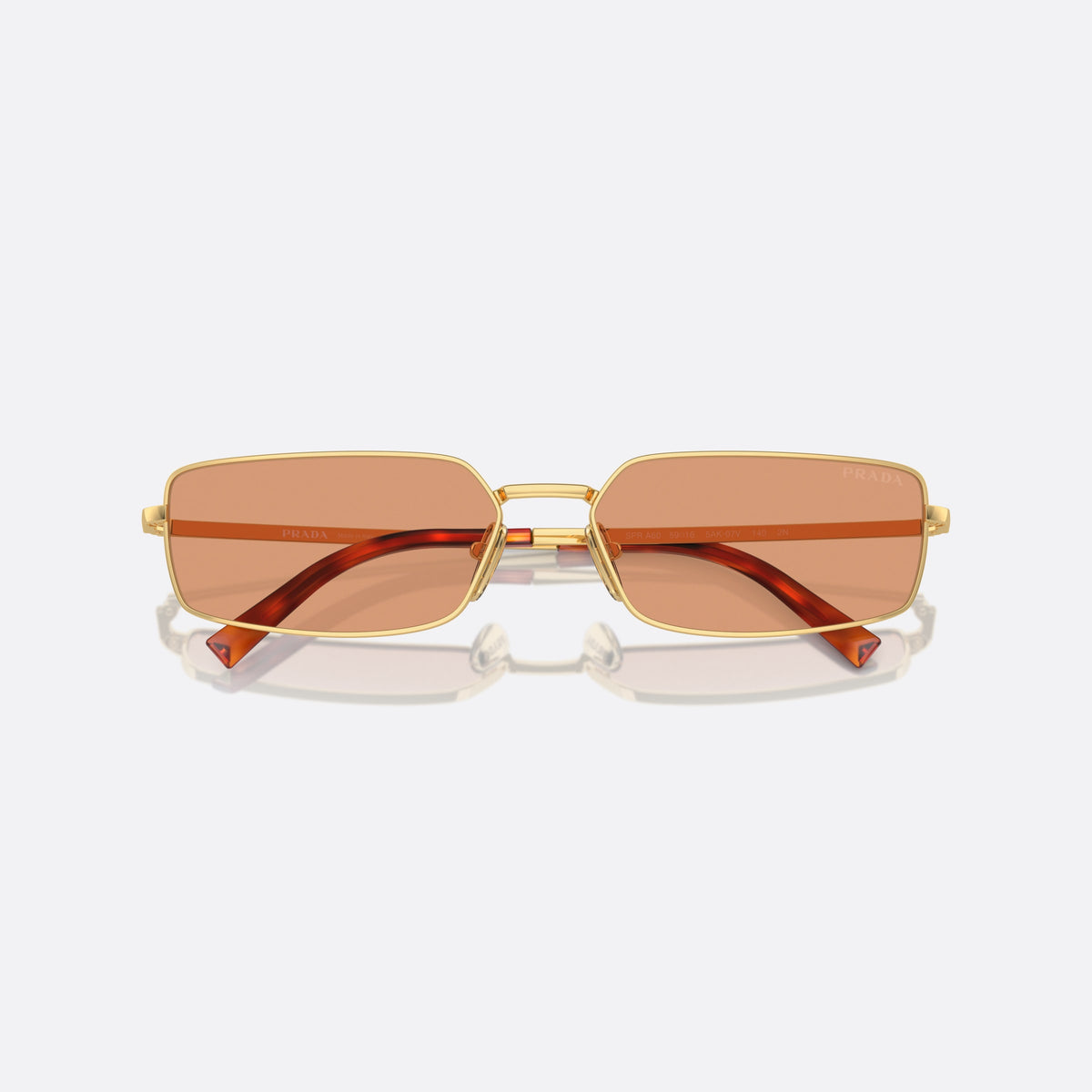 Prada PR A60S 5AK07V sunglasses, gold squared frame for women, plain metal bridge, brand lettering on temples, folded
