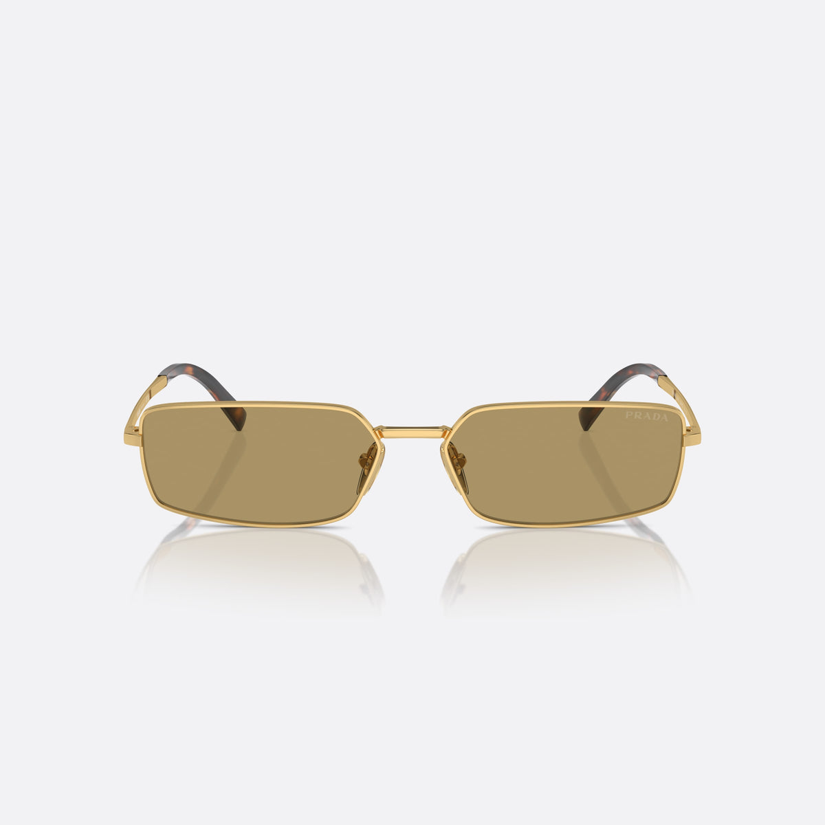 Prada PR A60S 5AK70G sunglasses, gold rectangle frame for women, plain metal bridge, brand lettering on the temples, front view