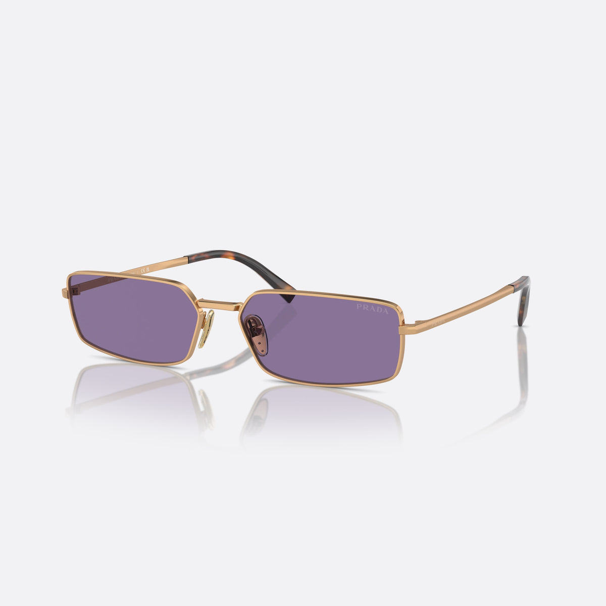 Prada PR A60S 7OE01O sunglasses, gold squared frame for women, plain metal bridge, brand lettering on lens