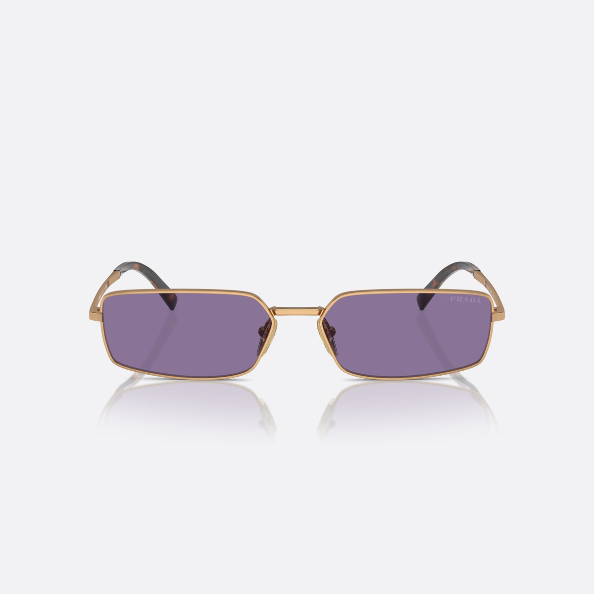 Prada PR A60S 7OE01O sunglasses, gold squared frame for women, plain metal bridge, brand lettering on lens, front view