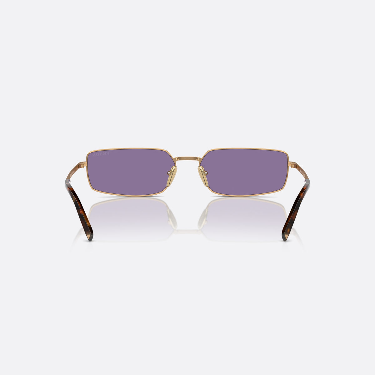 Prada PR A60S 7OE01O sunglasses, gold squared frame for women, plain metal bridge, brand lettering on lens, back view