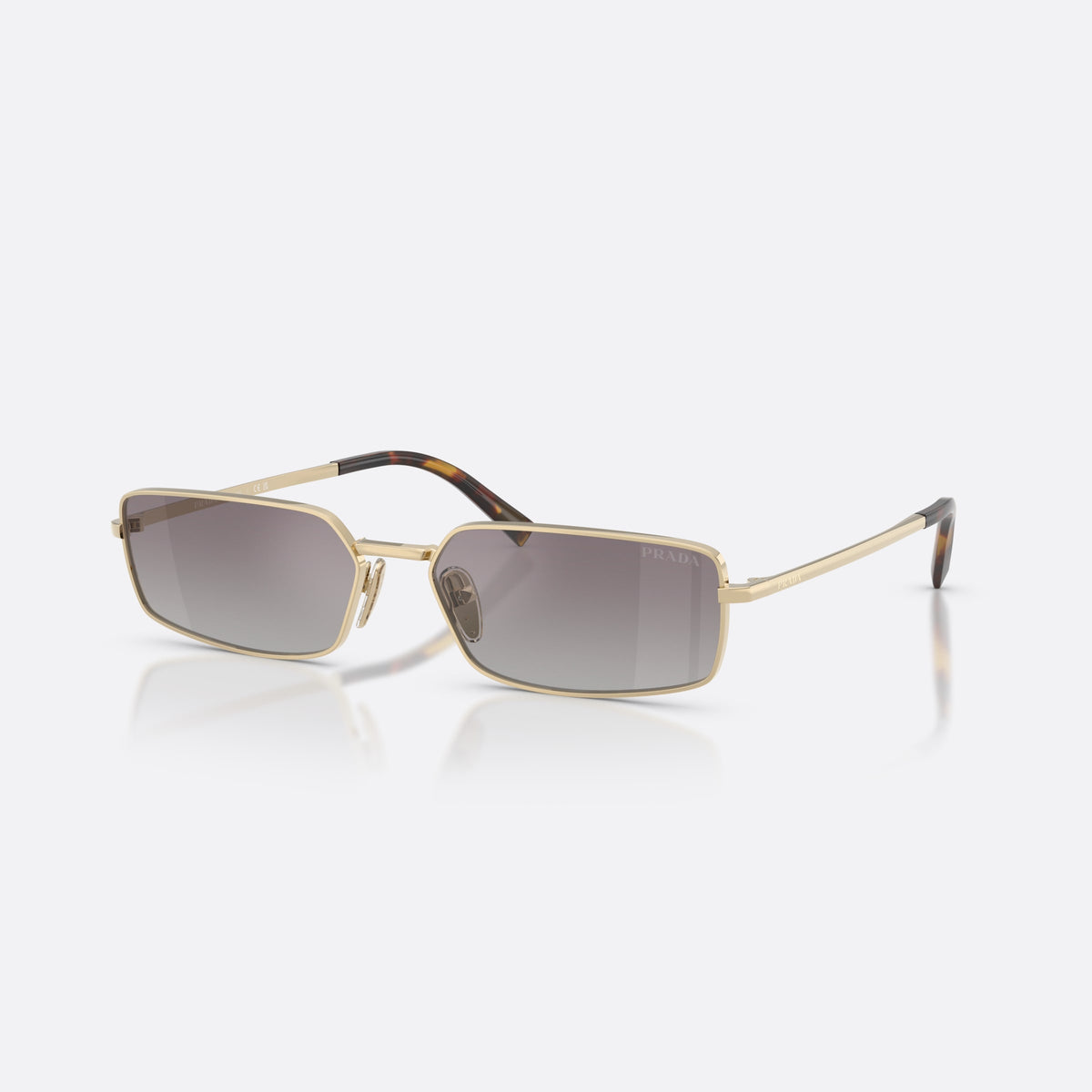 Prada PR A60S ZVN30C sunglasses, gold rectangle frame for women, double metal bridge, brand lettering on temples