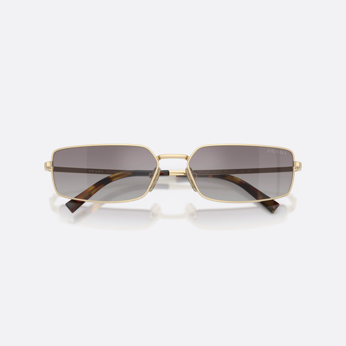 Prada PR A60S ZVN30C sunglasses, gold rectangle frame for women, double metal bridge, brand lettering on temples, folded