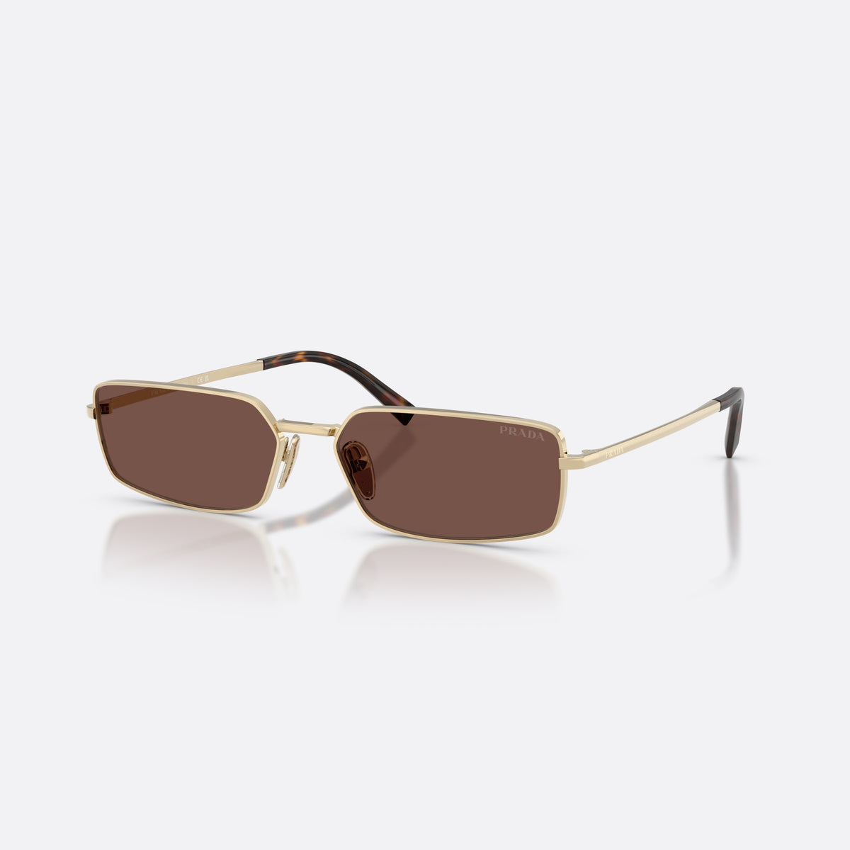 Prada PR A60S ZVN80T sunglasses, gold rectangle frame for women, thin straight metal bridge, brand lettering on the temples