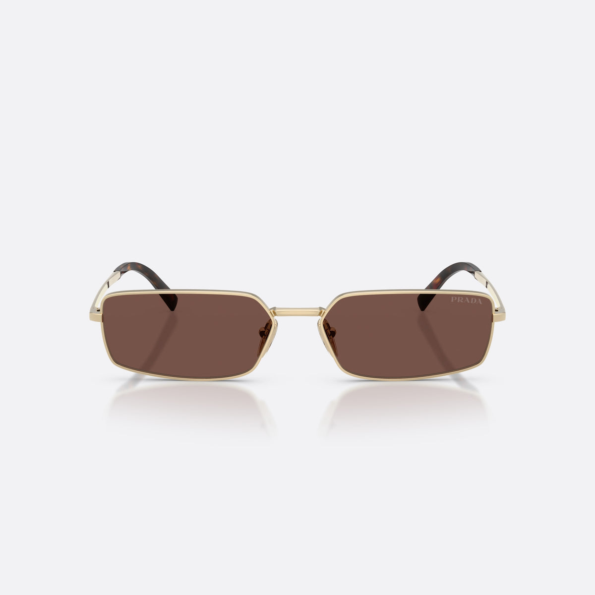 Prada PR A60S ZVN80T sunglasses, gold rectangle frame for women, thin straight metal bridge, brand lettering on the temples, front view