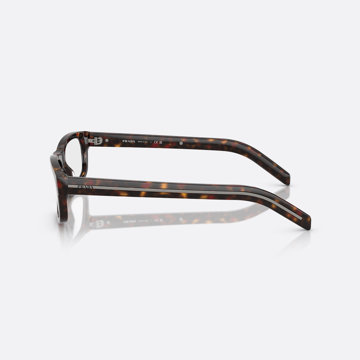 Prada PR B02V 17N1O1 eyeglasses, havana squared frame for men, plain bridge, integrated into front, full-rim frame, side view
