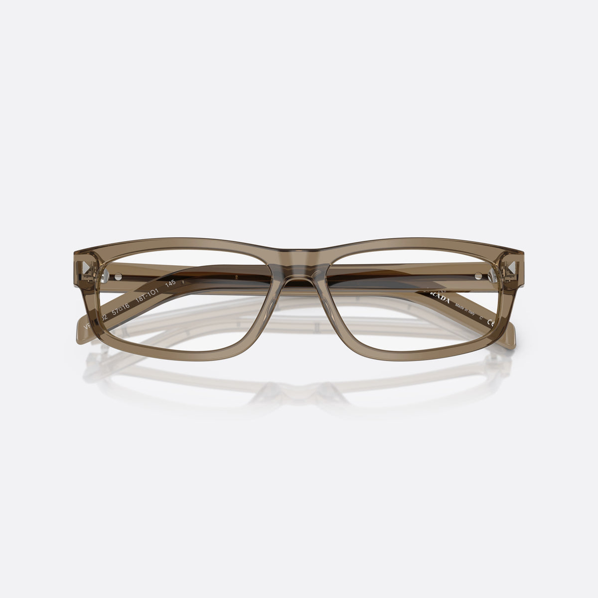 Prada PR B02V 18T1O1 eyeglasses, brown squared frame for men, plain bridge, brand lettering on temple, folded