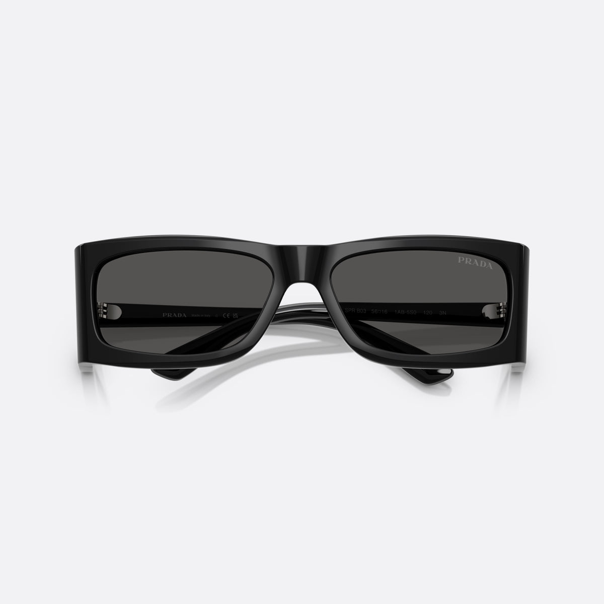 Prada PR B03S 1AB5S0 BLDG sunglasses, black rectangular frame for men, plain integrated bridge, brand lettering on temples