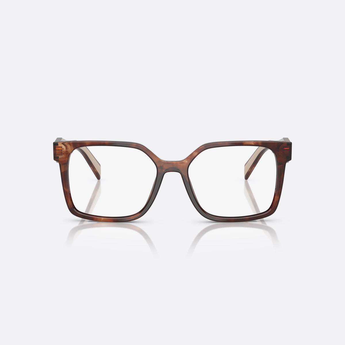 Prada PR B03V 07R1O1 eyeglasses, havana visor frame for women, plain combined bridge, brand lettering on the temples, front view