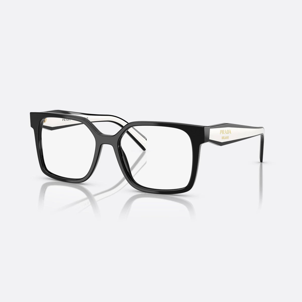 Prada PR B03V 16K1O1 eyeglasses, black visor frame for women, plain acetate bridge, brand lettering on the temples