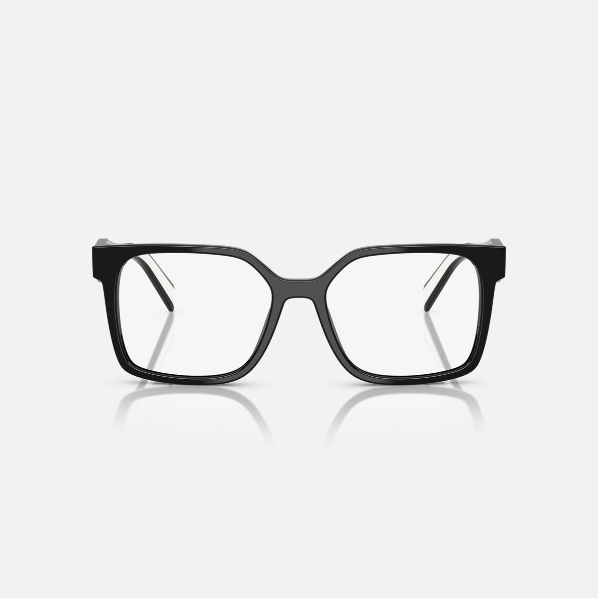 Prada PR B03V 16K1O1 eyeglasses, black visor frame for women, plain acetate bridge, brand lettering on the temples, front view