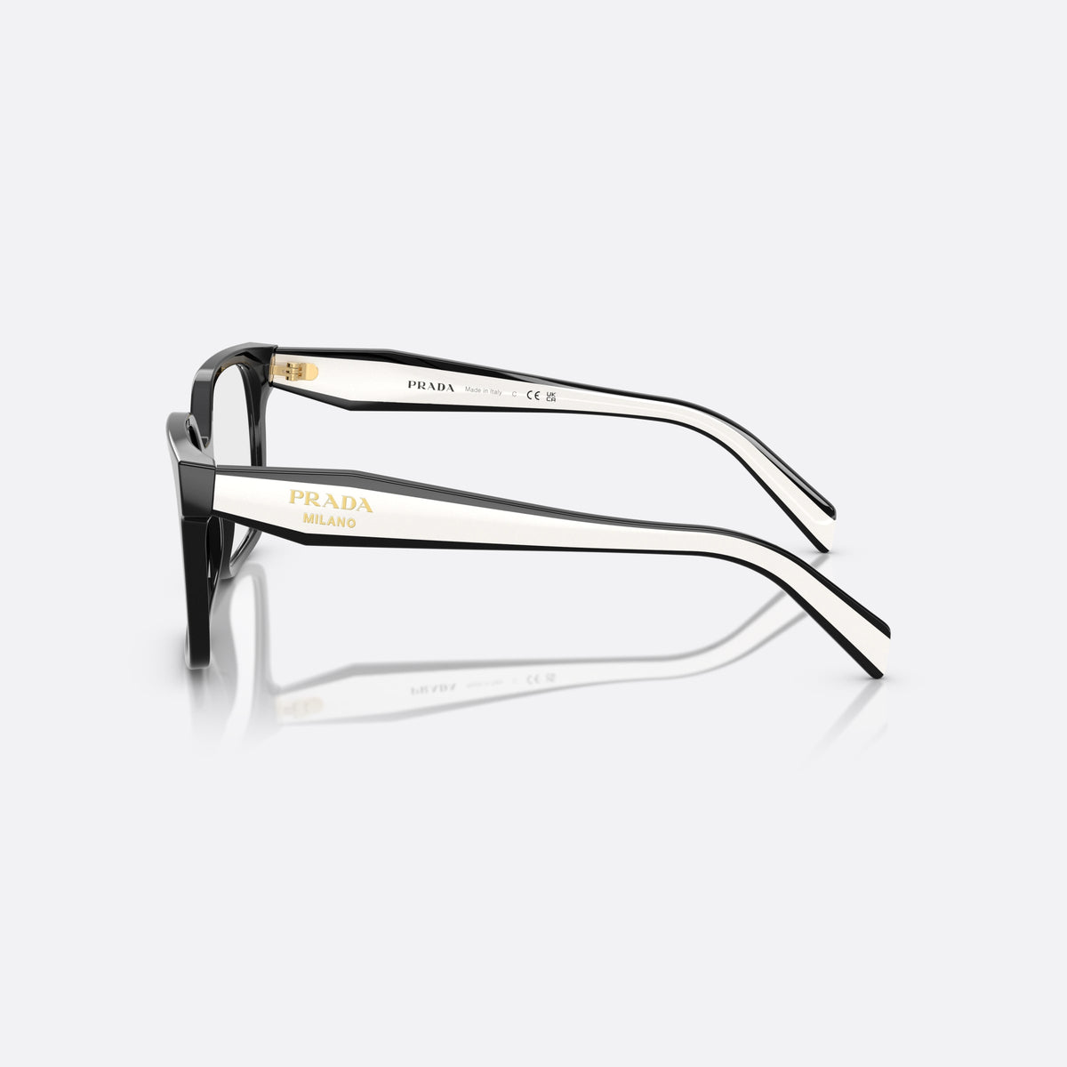 Prada PR B03V 16K1O1 eyeglasses, black visor frame for women, plain acetate bridge, brand lettering on the temples, side view