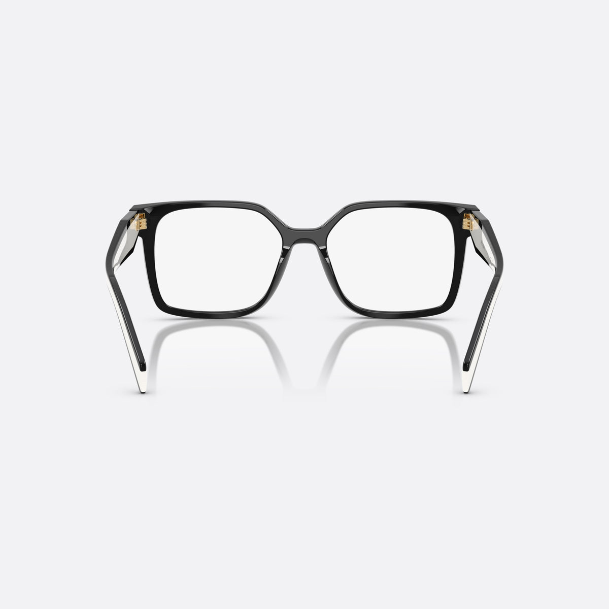 Prada PR B03V 16K1O1 eyeglasses, black visor frame for women, plain acetate bridge, brand lettering on the temples, back view