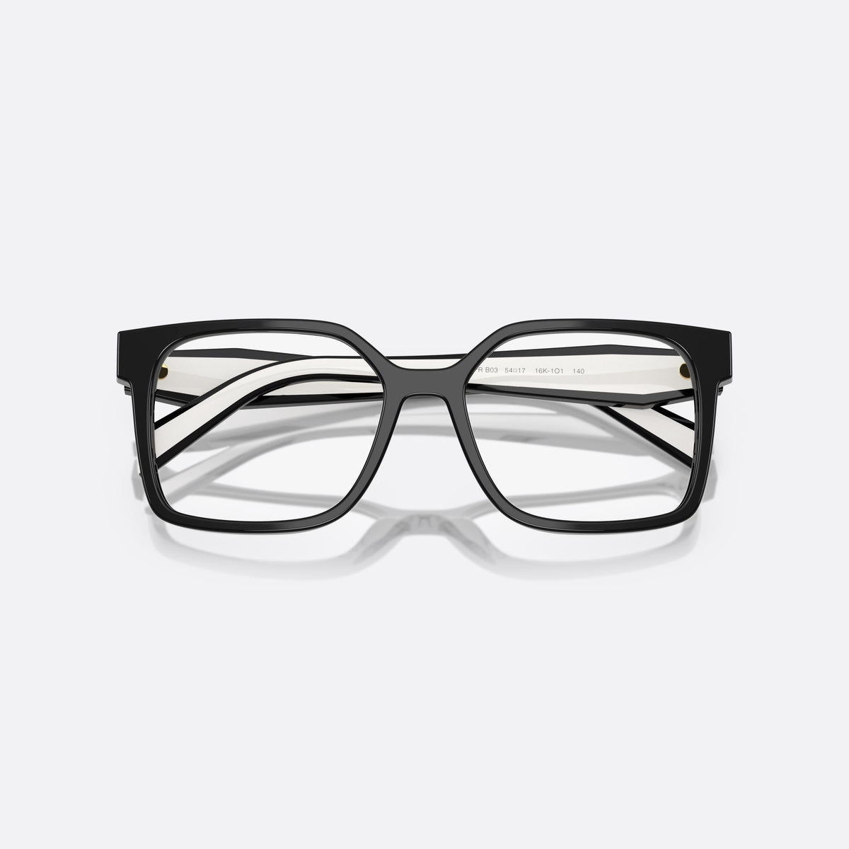Prada PR B03V 16K1O1 eyeglasses, black visor frame for women, plain acetate bridge, brand lettering on the temples, folded
