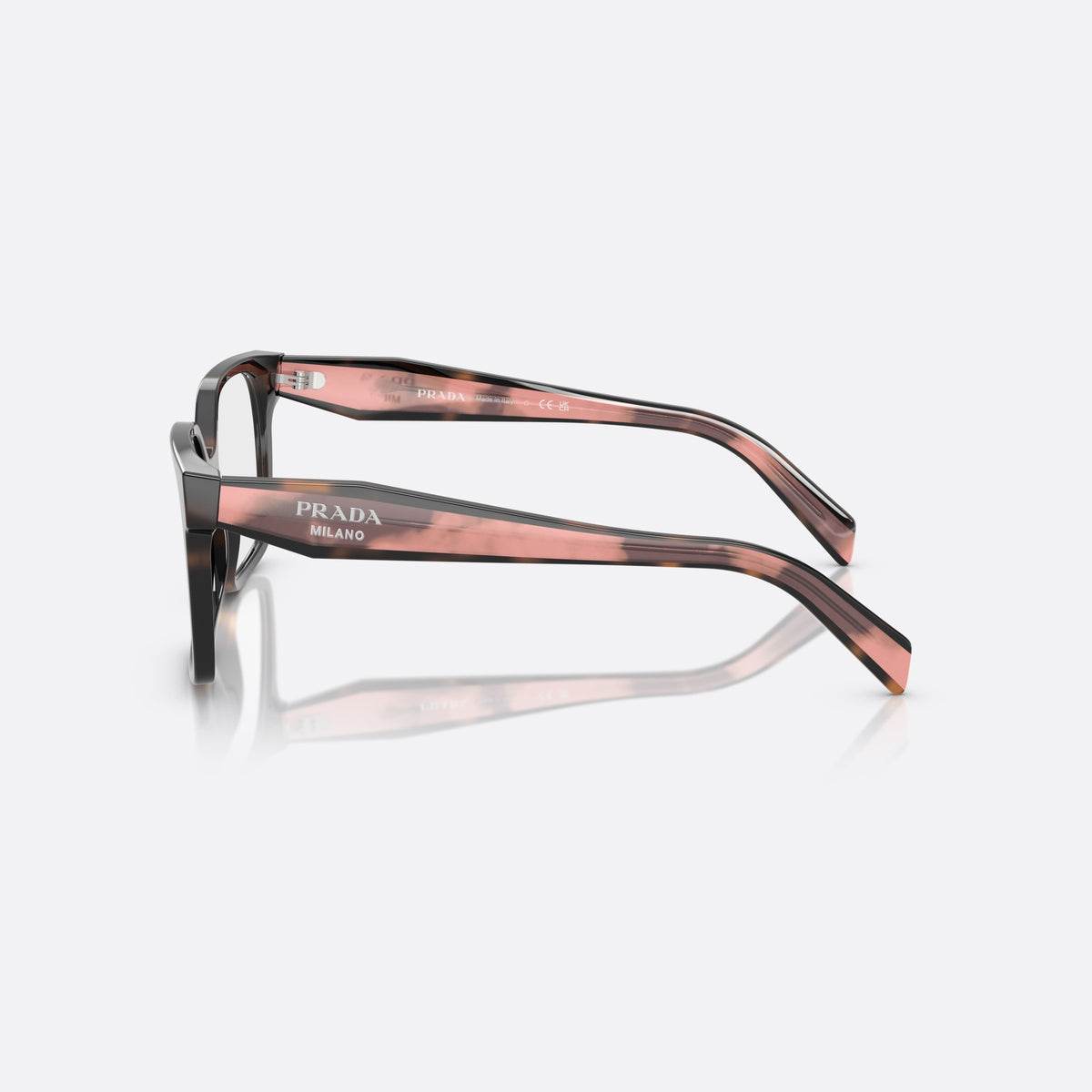Prada PR B03V 23A1O1 eyeglasses, havana visor frame for women, plain acetate bridge, brand lettering on the temples, side view