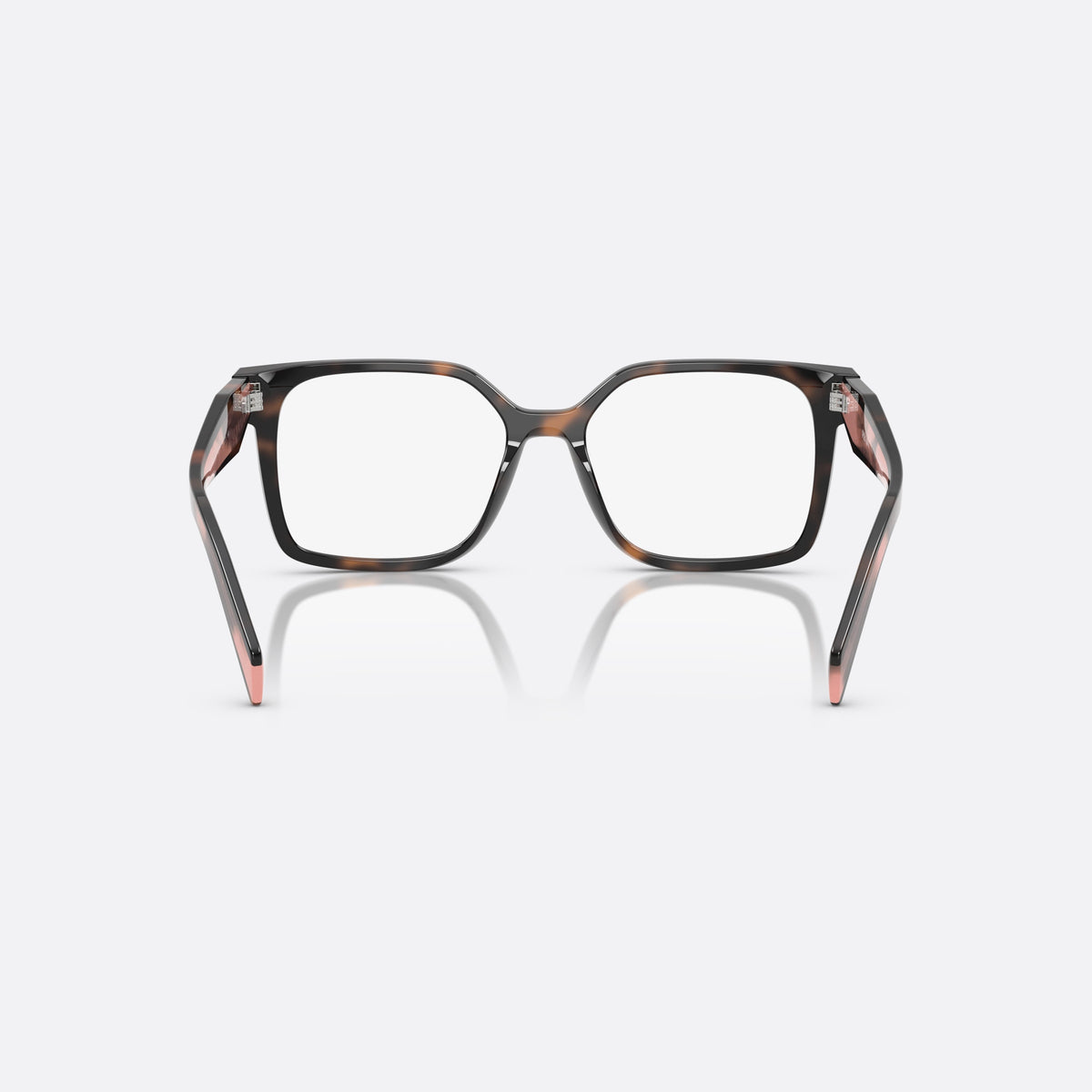 Prada PR B03V 23A1O1 eyeglasses, havana visor frame for women, plain acetate bridge, brand lettering on the temples, back view