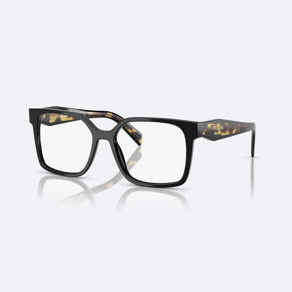 Prada PR B03V 3891O1 eyeglasses, black rectangle frame for women, plain integrated bridge, brand lettering on the temples