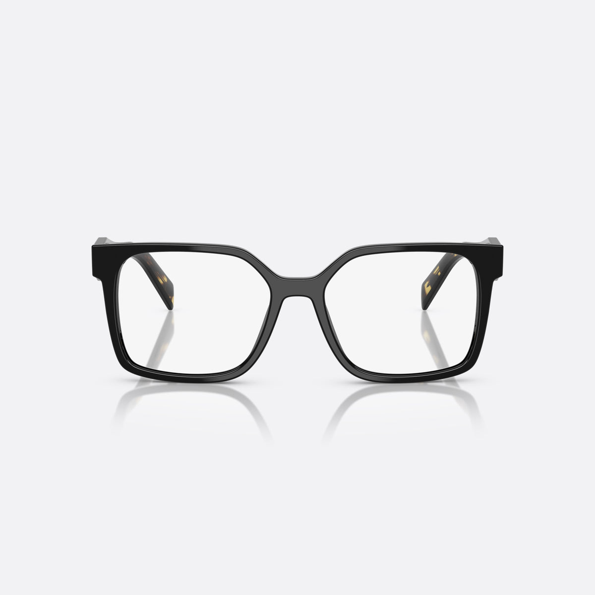 Prada PR B03V 3891O1 eyeglasses, black rectangle frame for women, plain integrated bridge, brand lettering on the temples, front view