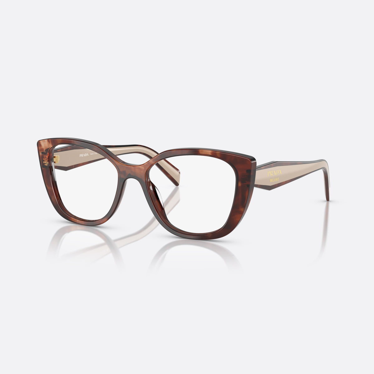 Prada PR B04V 07R1O1 eyeglasses, havana visor frame for women, plain acetate bridge, brand lettering on temples