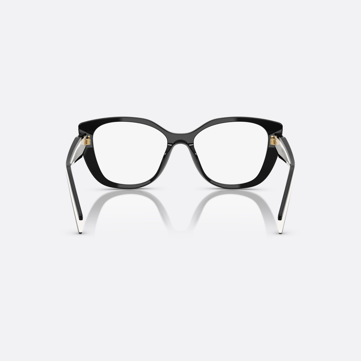 Prada PR B04V 16K1O1 eyeglasses, black visor frame for women, integrated bridge, brand lettering on temples, back view