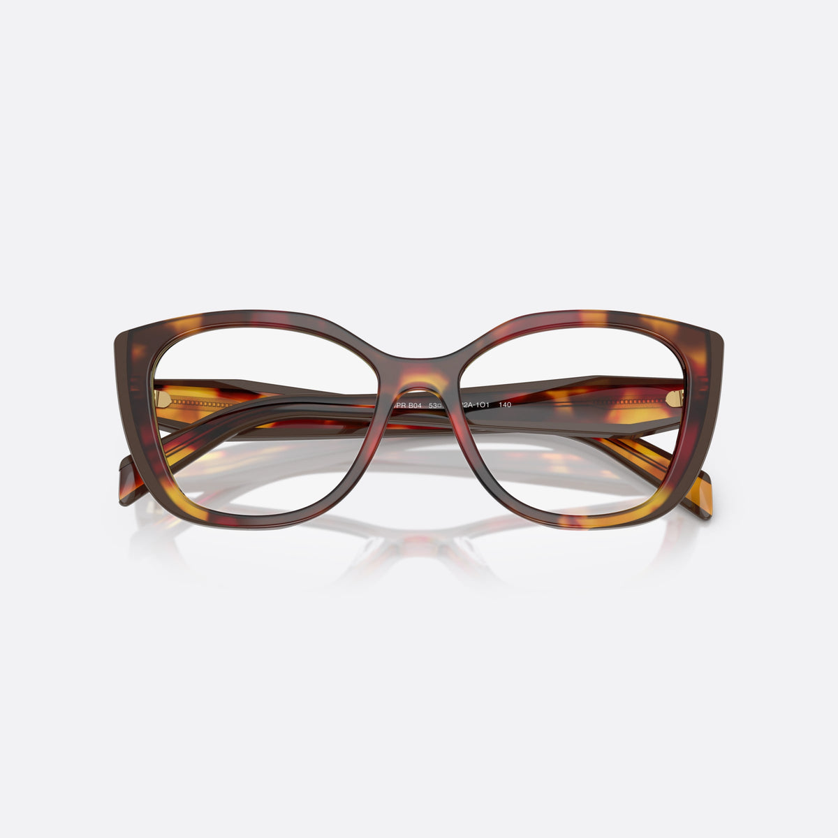 Prada PR B04V 22A1O1 eyeglasses, havana visor frame for women, keyhole bridge, brand lettering on temples, folded