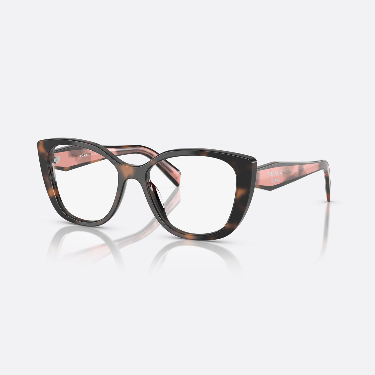 Prada PR B04V 23A1O1 eyeglasses, havana visor frame for women, plain bridge, brand lettering on temples