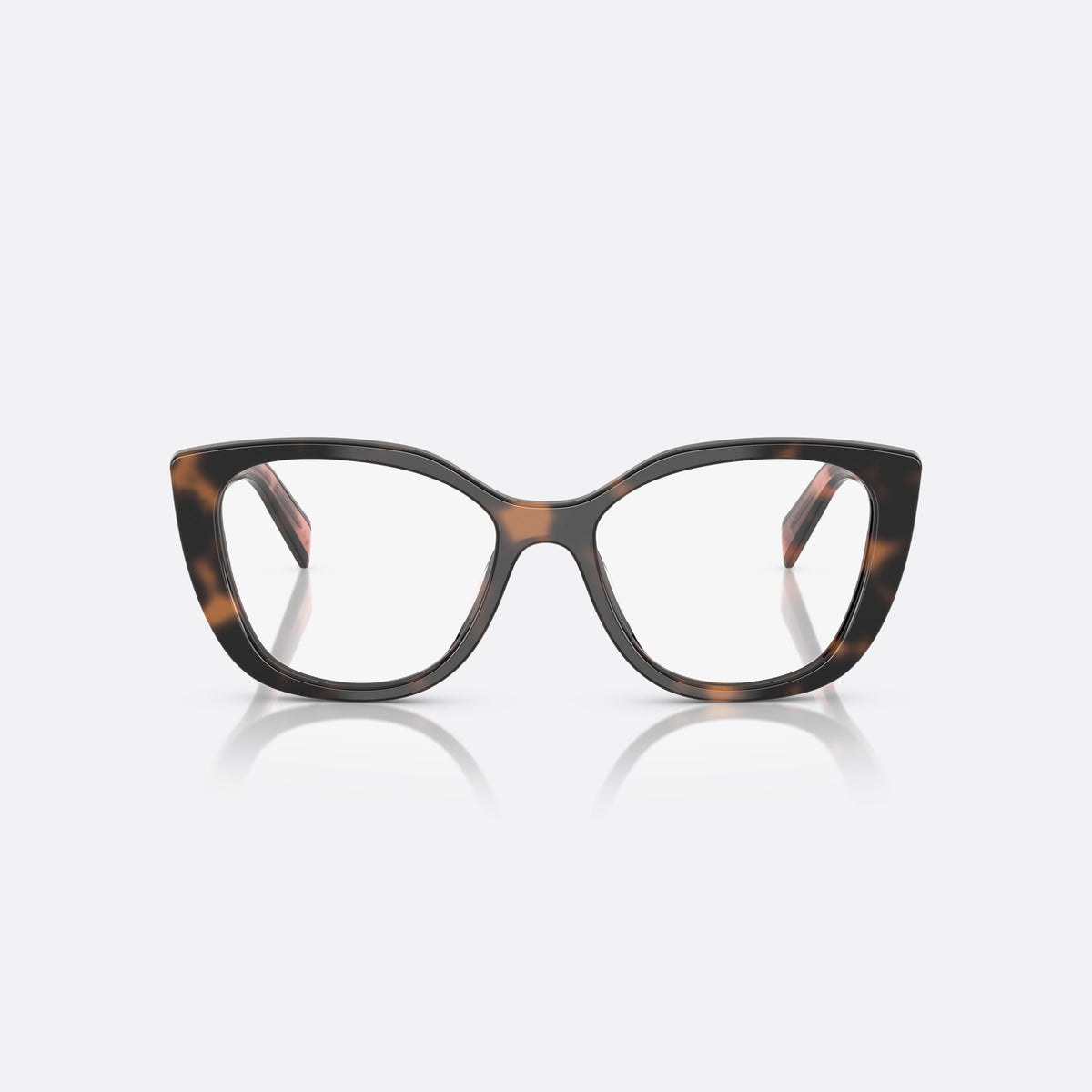 Prada PR B04V 23A1O1 eyeglasses, havana visor frame for women, plain bridge, brand lettering on temples, front view