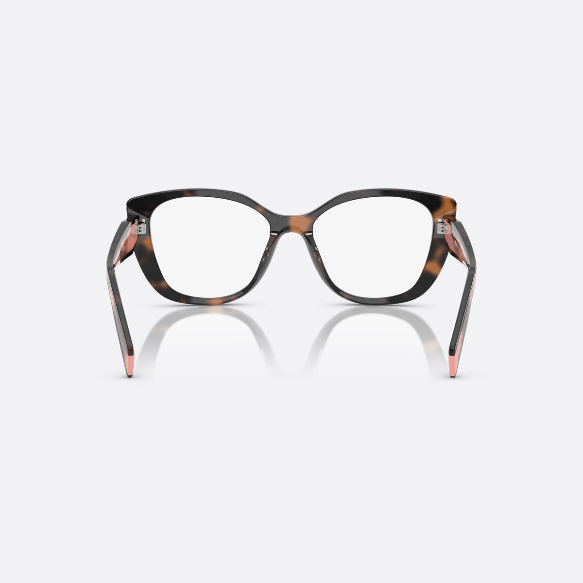 Prada PR B04V 23A1O1 eyeglasses, havana visor frame for women, plain bridge, brand lettering on temples, back view