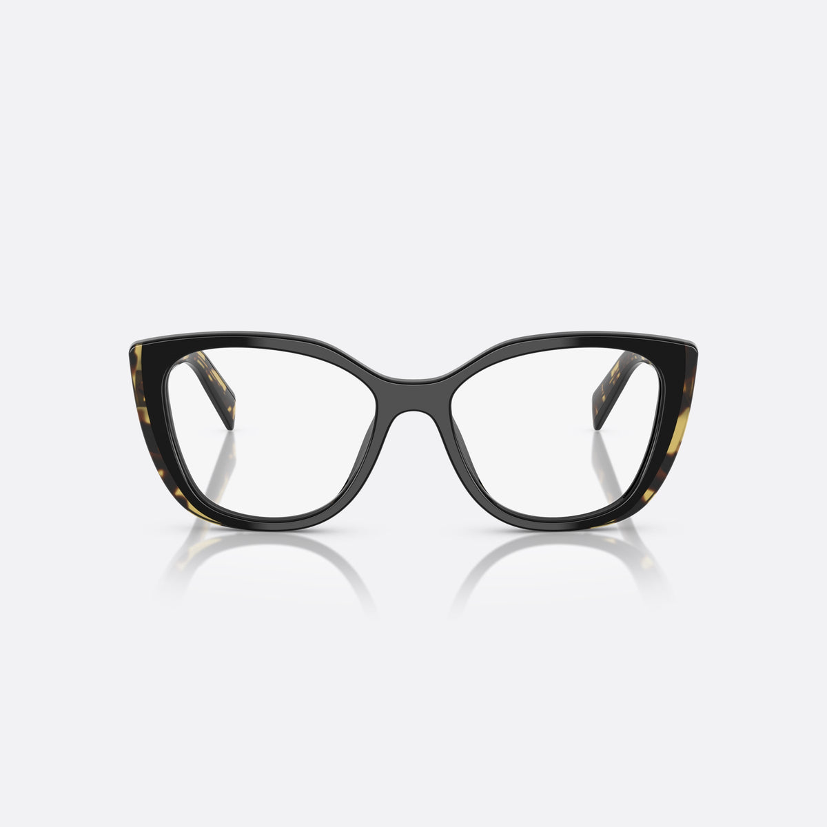 Prada PR B04V 3891O1 eyeglasses, black cat eye frame for women, keyhole bridge, brand lettering on temples, full-rim frame, front view