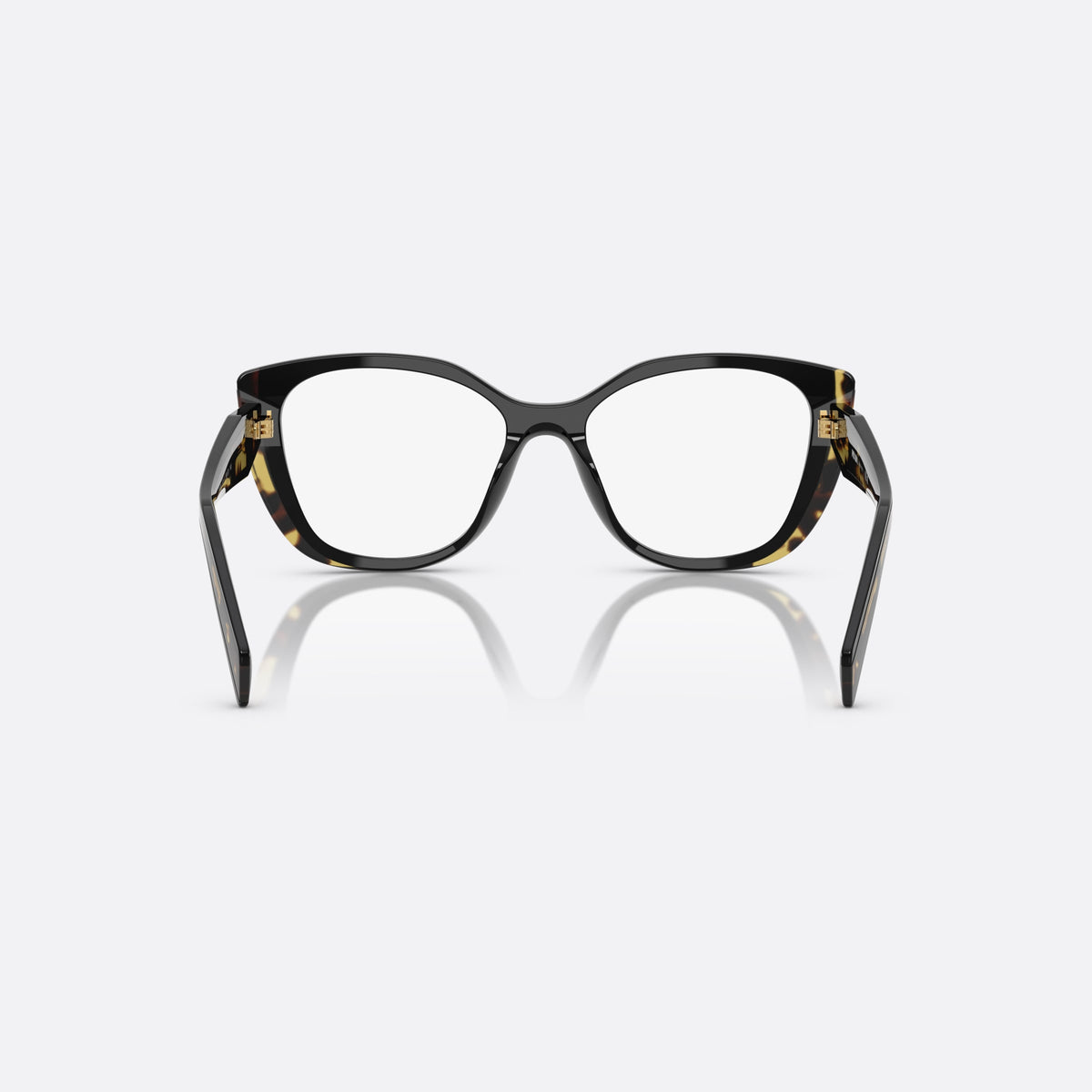 Prada PR B04V 3891O1 eyeglasses, black cat eye frame for women, keyhole bridge, brand lettering on temples, full-rim frame, back view