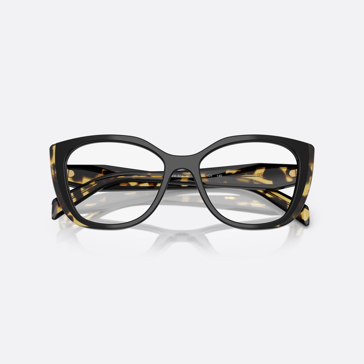 Prada PR B04V 3891O1 eyeglasses, black cat eye frame for women, keyhole bridge, brand lettering on temples, full-rim frame, folded