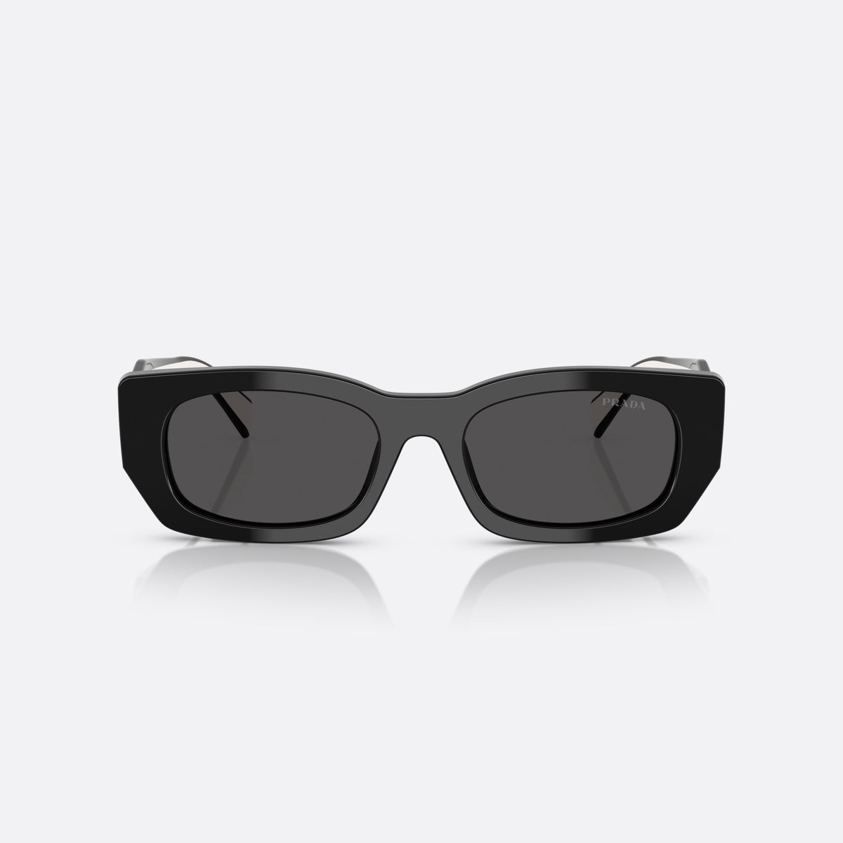 Prada PR B05S 09Q08Z BLGR sunglasses, black squared frame for women, plain bridge, brand lettering on temples, two-tone temples, front view