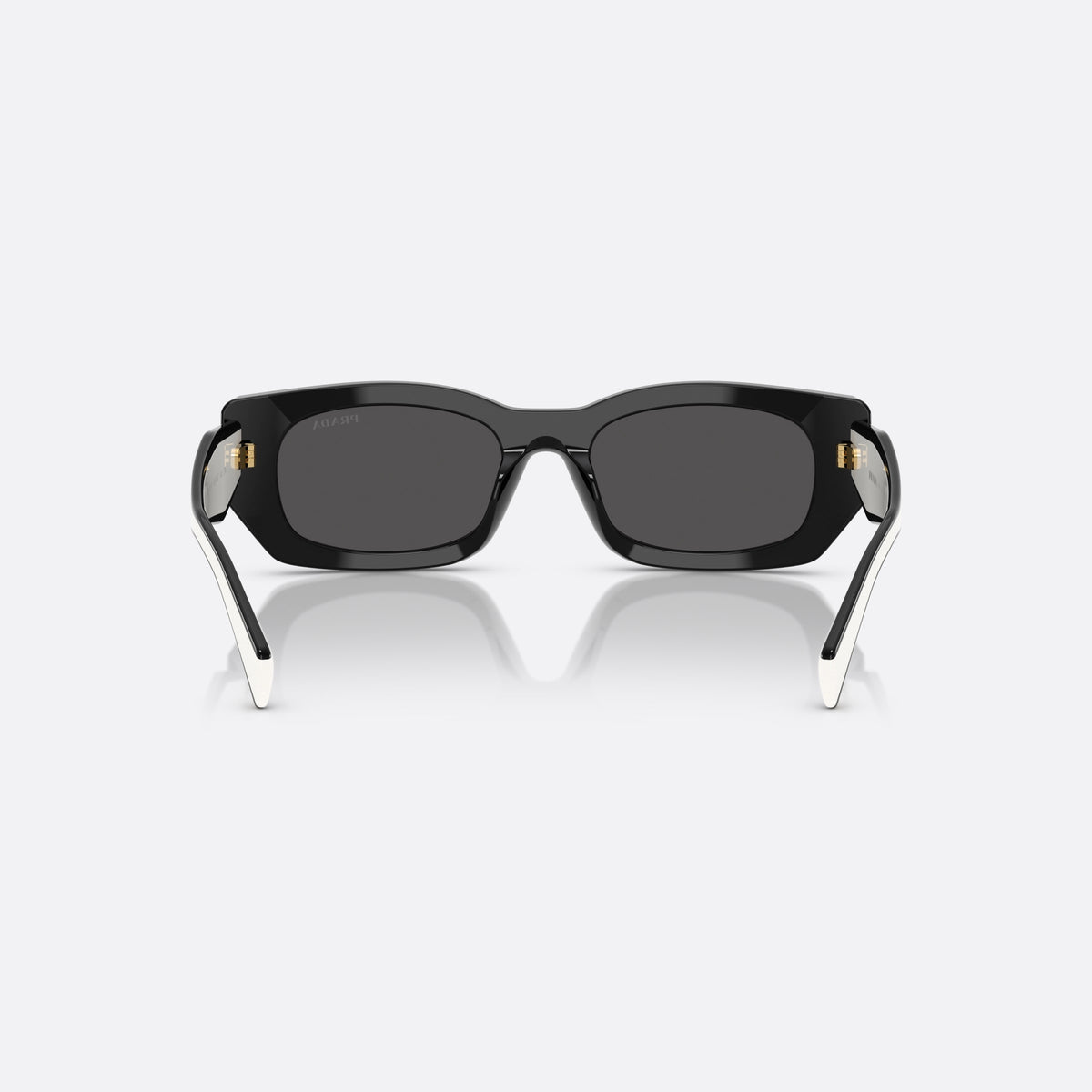 Prada PR B05S 09Q08Z BLGR sunglasses, black squared frame for women, plain bridge, brand lettering on temples, two-tone temples, back view
