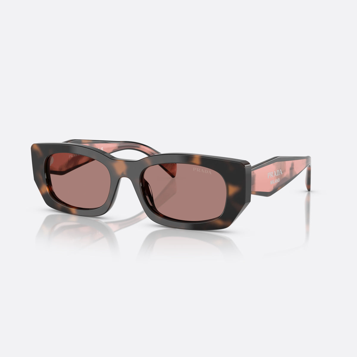 Prada PR B05S 23A60B MABW sunglasses, pink squared frame for women, plain bridge, brand lettering on temples, full-rim frame