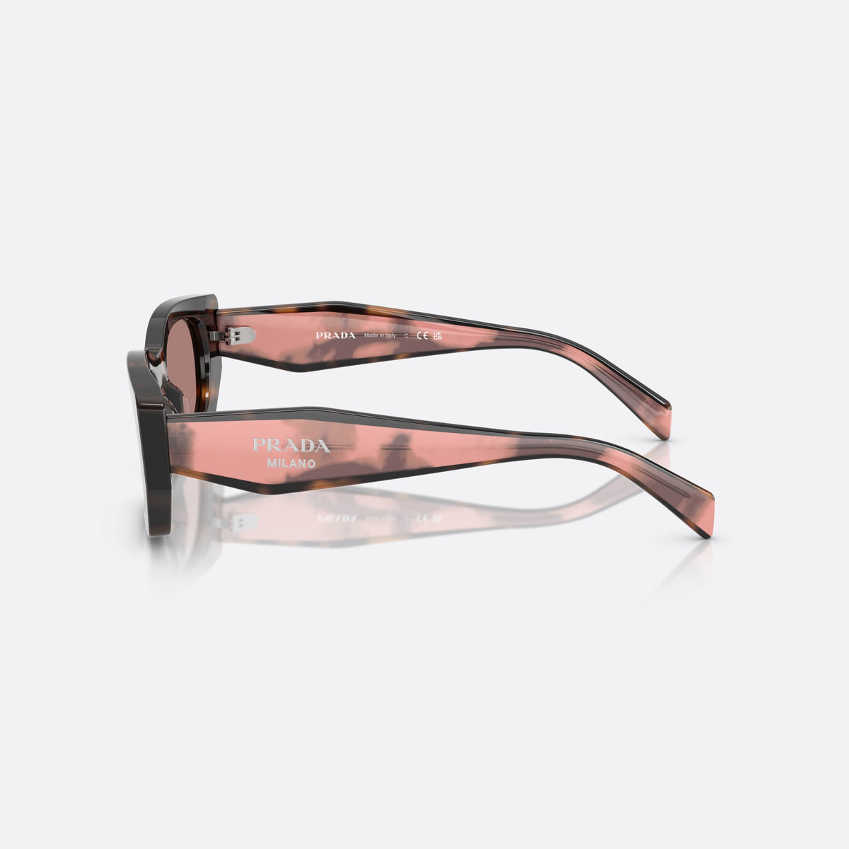 Prada PR B05S 23A60B MABW sunglasses, pink squared frame for women, plain bridge, brand lettering on temples, full-rim frame, side view