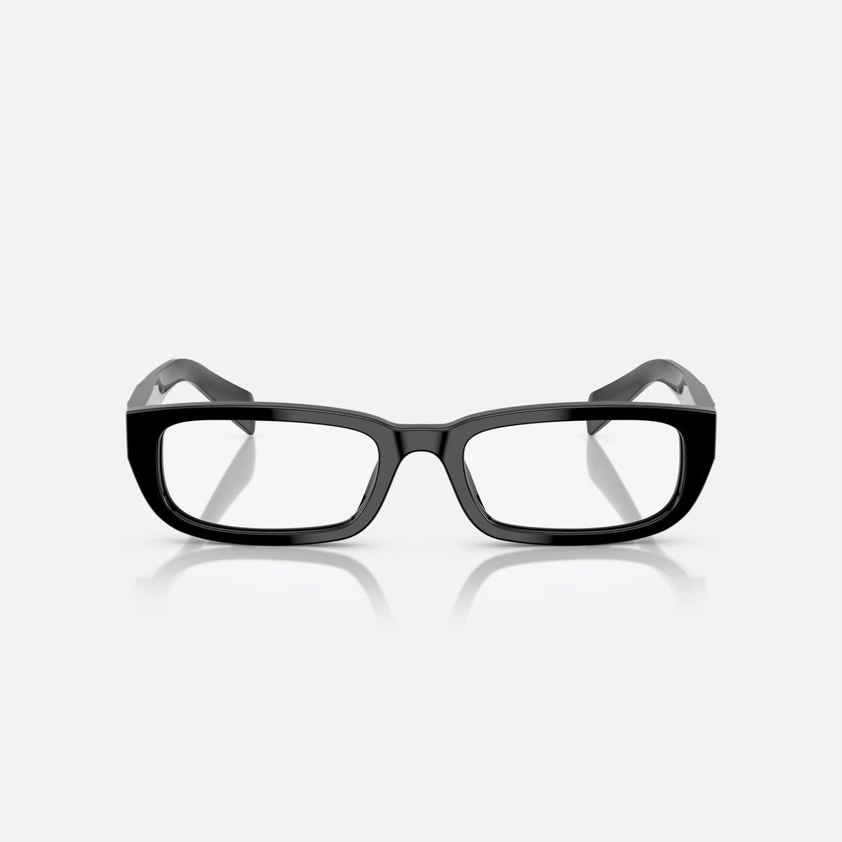 Prada PR B05V 16K1O1 eyeglasses, black visor frame for women, plain bridge, triangular brand logo on temple, front view