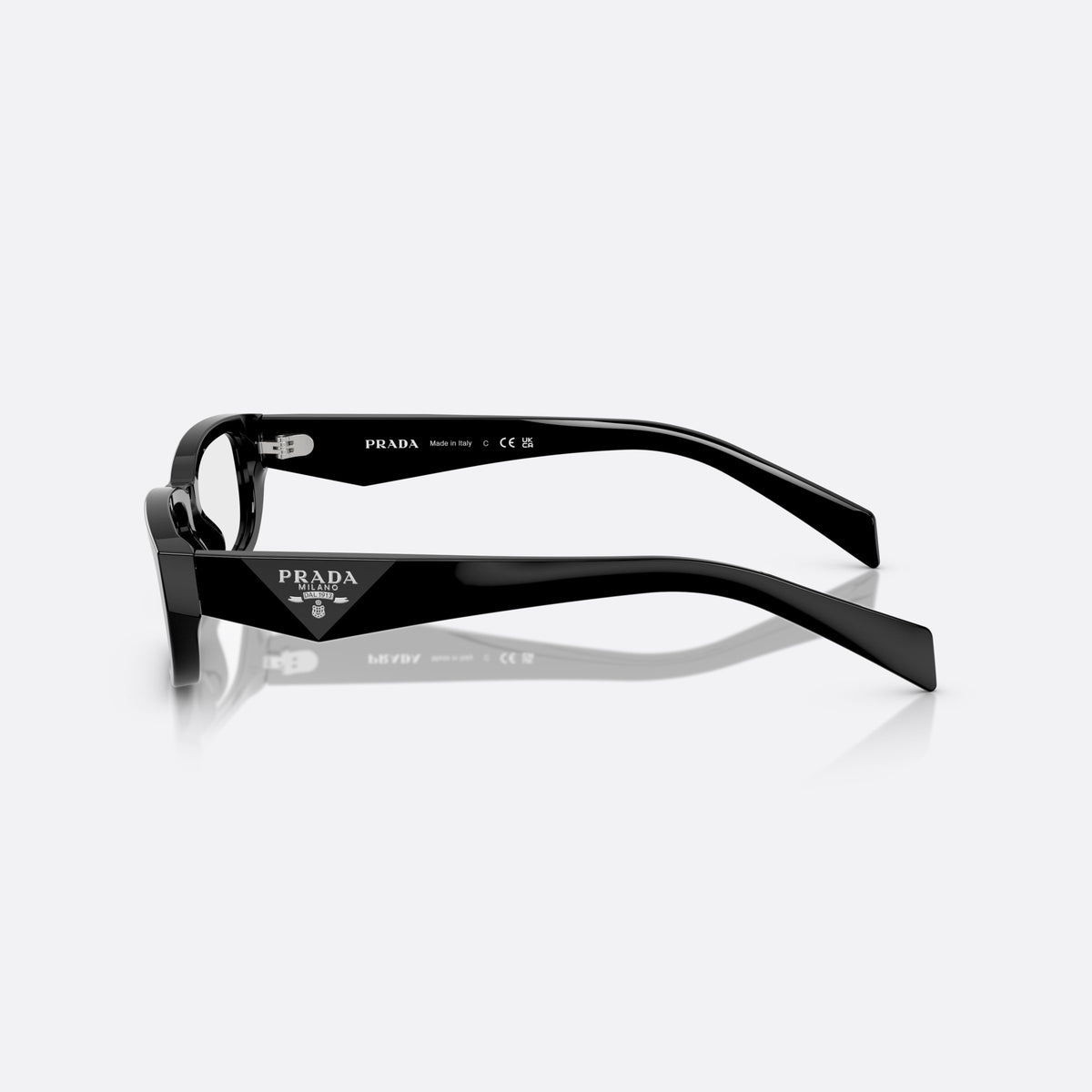 Prada PR B05V 16K1O1 eyeglasses, black visor frame for women, plain bridge, triangular brand logo on temple, side view